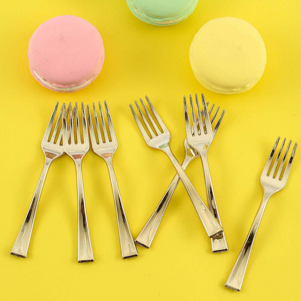 24-Pack Plastic Mini Dessert Forks 4" Gold - Heavy Duty Disposable Appetizer Forks
