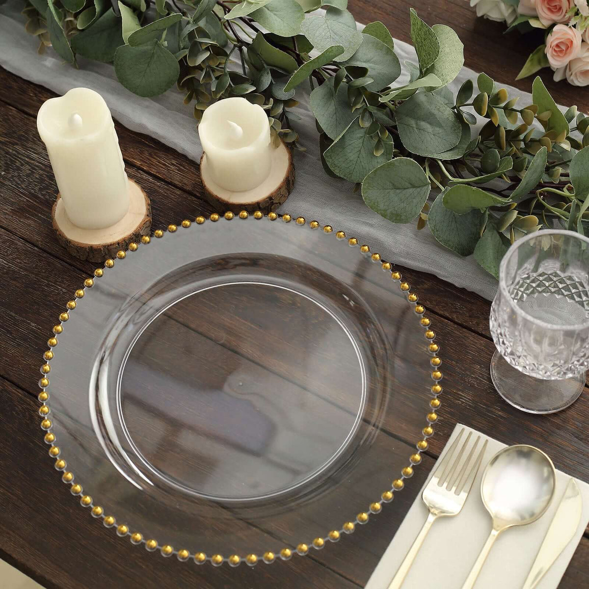 10-Pack Plastic Round Dinner Plates 10" Clear with Gold Beaded Rim - Disposable Party Plates