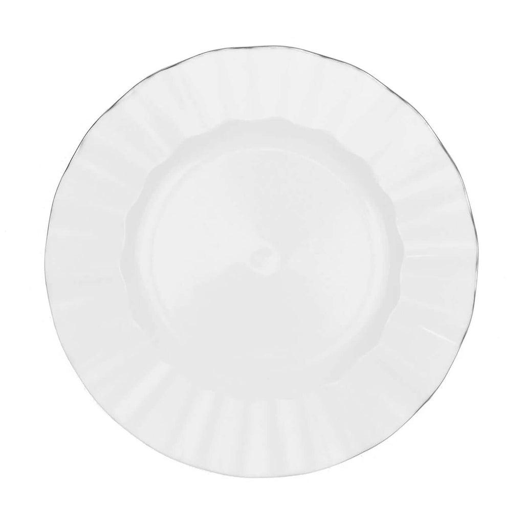 10-Pack Plastic Round Dinner Plates 9" White Ruffled Rim with Gold Edging - Heavy Duty Disposable Dinnerware for Upscale Buffets & Catered Events