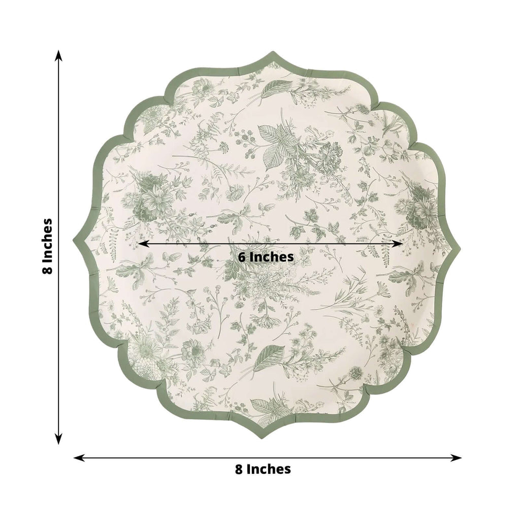 25-Pack Paper Round Dessert Plates 8" White with Sage Green French Toile Design & Scalloped Rim - 300GSM Disposable Salad Appetizer Plates for Chic Table Decor