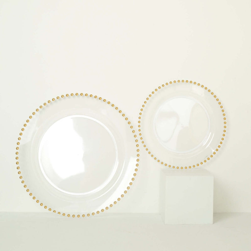 10-Pack Plastic Round Dinner Plates 10" Clear with Gold Beaded Rim - Disposable Party Plates