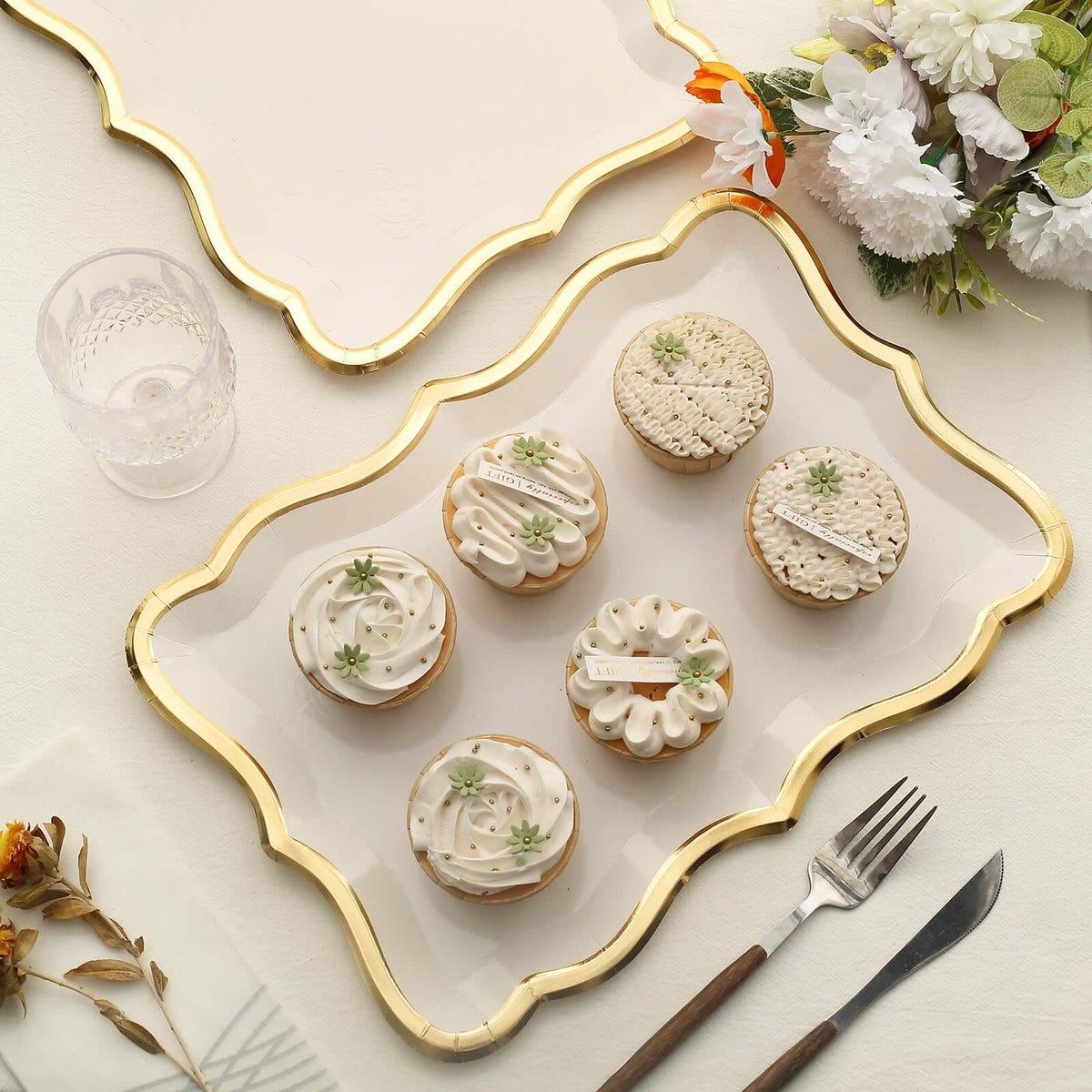 10-Pack Paper Rectangle Serving Trays 14"x10" White with Gold Rim - 400GSM Heavy Duty Disposable Cardboard Party Platters for Stylish Food Displays