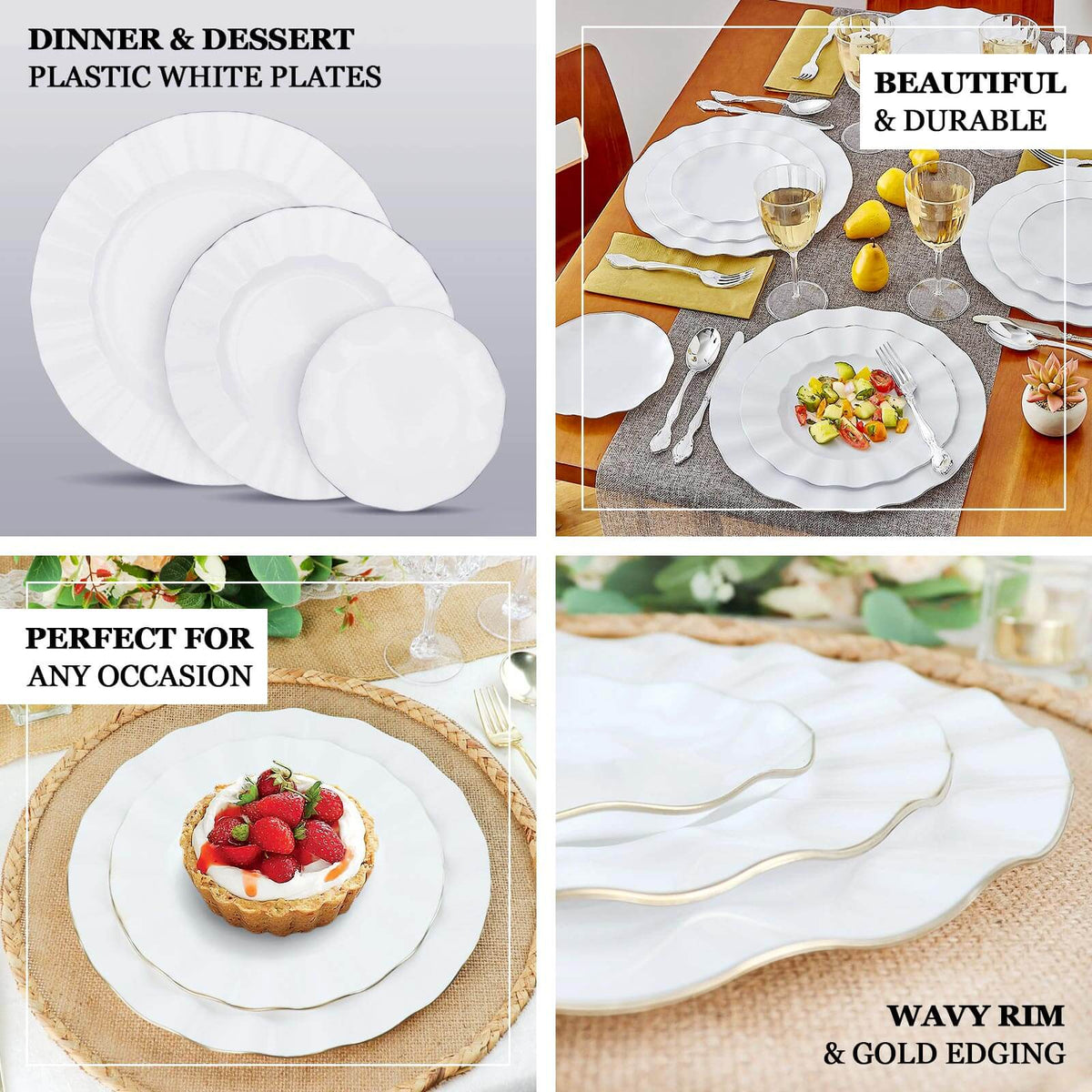 10-Pack Plastic Round Dinner Plates 9" White Ruffled Rim with Gold Edging - Heavy Duty Disposable Dinnerware for Upscale Buffets & Catered Events