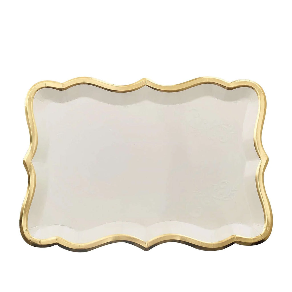 10-Pack Paper Rectangle Serving Trays 14"x10" White with Gold Rim - 400GSM Heavy Duty Disposable Cardboard Party Platters for Stylish Food Displays