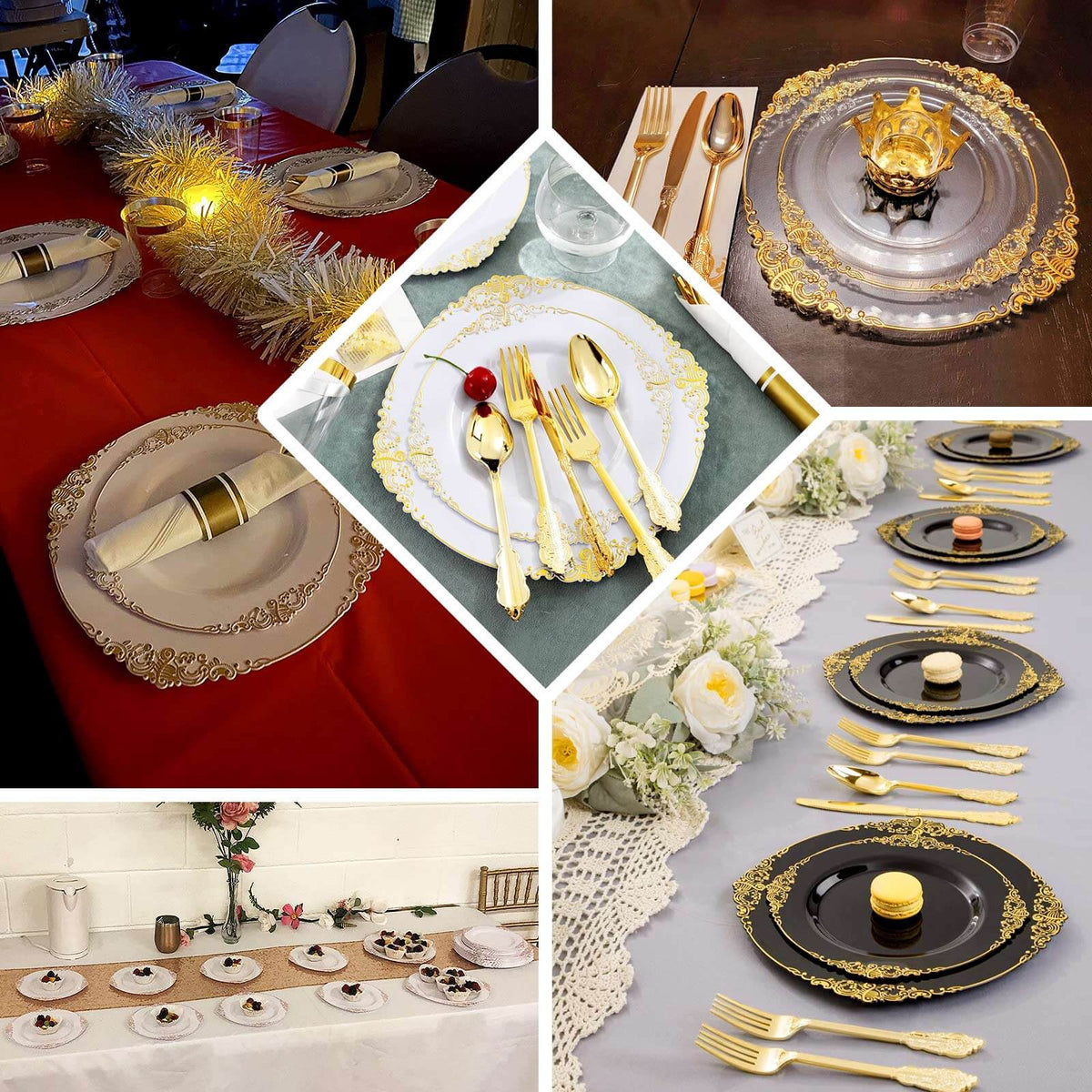 10-Pack Plastic Round Dinner Plates 10" Clear with Gold Leaf Embossed Rim - Vintage Baroque Style Disposable Plates