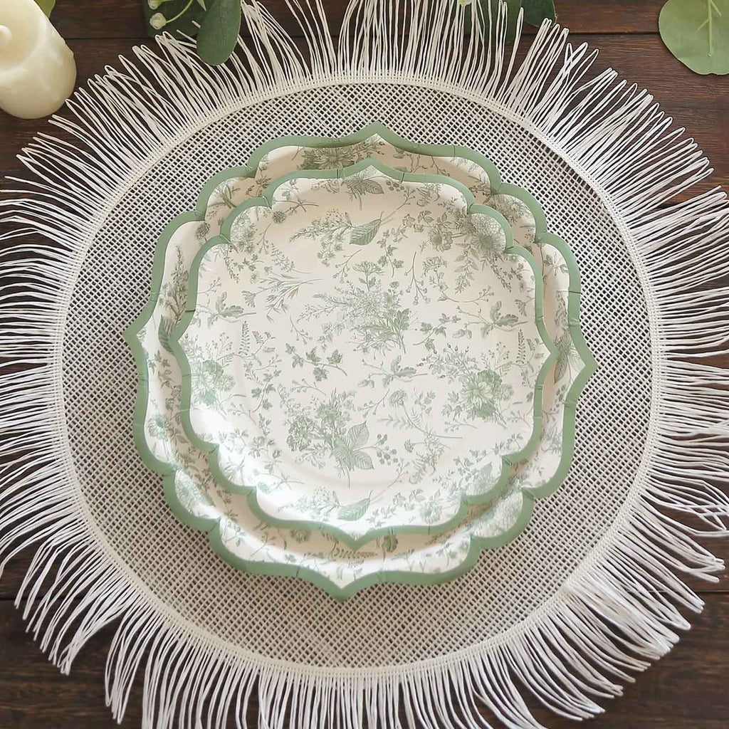 25-Pack Paper Round Dessert Plates 8" White with Sage Green French Toile Design & Scalloped Rim - 300GSM Disposable Salad Appetizer Plates for Chic Table Decor